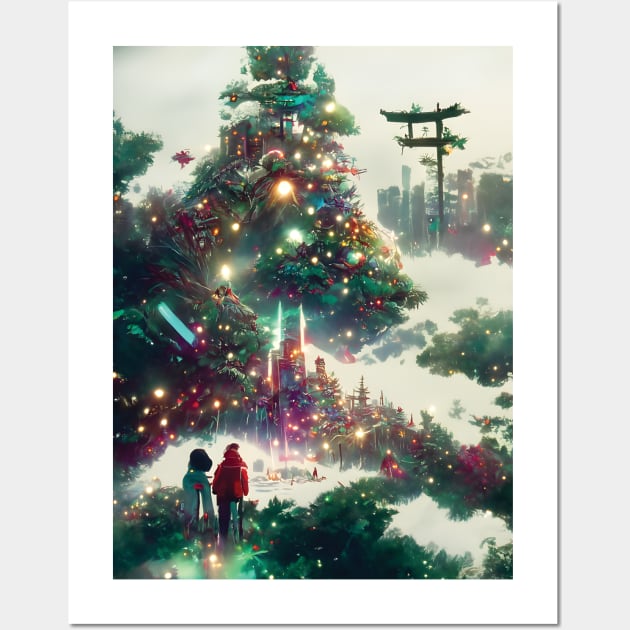 Magical Green Christmas Trees in the Woods Japanese Christmas Season Warm Wishes Wall Art by DaysuCollege